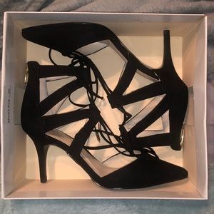 Mark fisher black pumps heels tie fabric suede